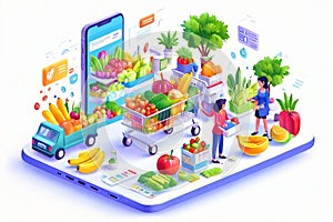 People Shopping their Day to day Groceries from an App Isometric Artwork Concept