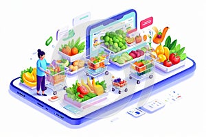 People Shopping their Day to day Groceries from an App Isometric Artwork Concept