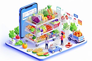 People Shopping their Day to day Groceries from an App Isometric Artwork Concept