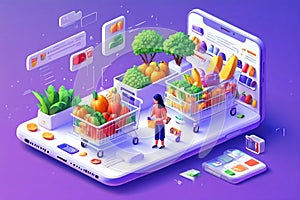 People Shopping their Day to day Groceries from an App Isometric Artwork Concept