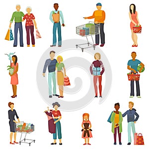 People shopping vector shopper buy with bag or shoppingcart