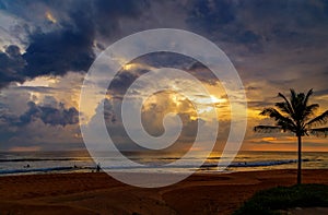 People on shore looking for skiers surfers sunset ocean palm tree sky, Sri Lanka