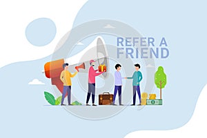 People shout on megaphone with Refer a friend and get rewarded design concept