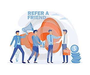 People shout on megaphone with Refer a friend and get rewarded design concept.