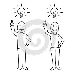 People showing bright idea concept and light bulb above heads in hand drawn style.