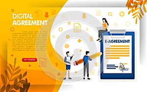 People signing agreements or contracts, digital agreements for businesses and companies, concept vector ilustration. can use for,