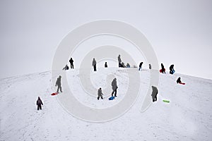 People in silhouette having fun on a snowy hilltop with adults and children sledging