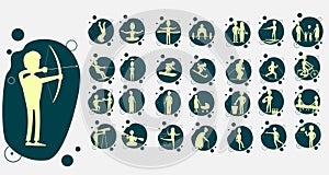 People silhouette icon set with doctor. cyclotourism. fireman, people, gymnastics. police