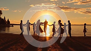 people silhouette relax and dance bachata at sunset on the promenade on sea beach at sunset summer evening