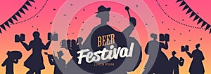 People silhouettes celebrating beer festival Oktoberfest party celebration concept lettering greeting card