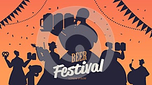 People silhouettes celebrating beer festival Oktoberfest party celebration concept lettering greeting card