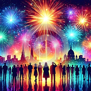 people in silhouettes looking up the colorful fireworks exploding in the night sky above rooftops.