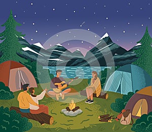 People sit next to campfire and play guitar. Group of friends next to camp tent and watching starry night. Summer camp