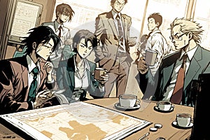 People sitting around a boardroom table, dressed in business suits, one of them presenting a sales pitch on a graph manga
