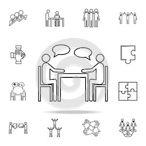 People sitting around the table talking line icon. Detailed set of team work outline icons. Premium quality graphic design icon. O