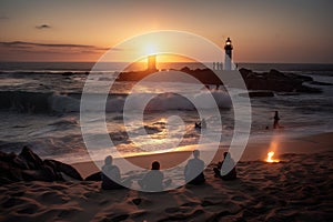 people sitting on the beach, watching a lighthouse beam light over the waves