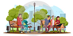 People sitting on benches in public summer city park, woman holding pram with baby