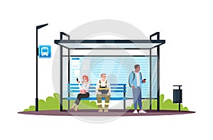 People sitting at bus station semi flat RGB color vector illustration