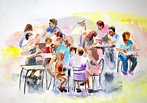 People sitting in a cafe painted in watercolor