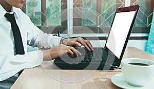 People sitting the chair research course online website and studying learning on a mockup white screen laptop, e-learning