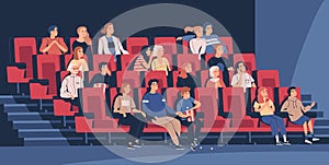 People sitting in chairs at movie theater or cinema auditorium. Young and old men, women and children watching film or photo