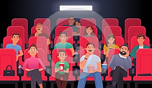 People are sitting in chairs and watching a movie in the cinema theater. Men and women, couples and children eat, drink drinks