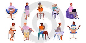People sitting on different chairs vector