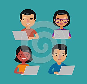 People are sitting at laptop on internet. Social network. E-learning, education vector