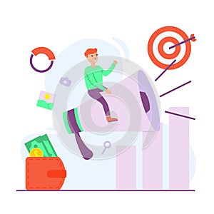 People sitting on megaphone - vector digital marketing in flat style - illustration for landing page