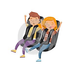 People sitting on roller coaster seats, young woman and man having fun on amusement park, cartoon vector Illustration