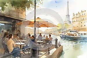 Watercolor illustration of a street cafe in Paris on a summer day, Seine, Eiffel Tower