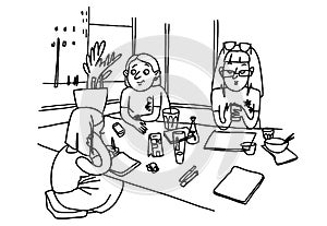 People sitting at the table talking and working in workplace. Vector hand drawn illustration of coworking meeting of young girls.