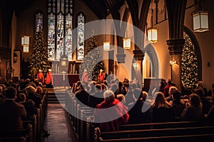 People sitting during traditional Christmas service in decorated with Christmas trees church.