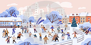 People skating on city ice rink on winter holidays. Families, kids outdoors at Christmas vacation. Cityscape with snow