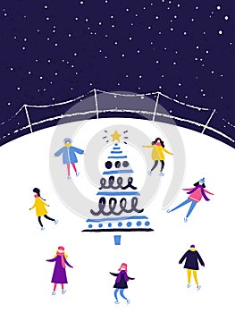 People skating on ice rink in the evening near the decorated christmas tree. Winter scene, flat illustration