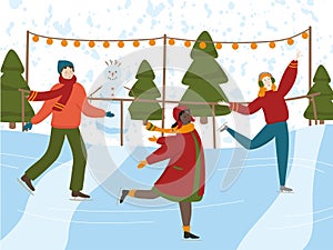 People skating on ice rink vector illustration. Happy man and women figure skating outdoor. Winter leisure time activity