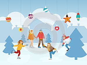 People skating ice rink vector illustration. Winter outdoor activities. Happy people skating. Cartoon characters