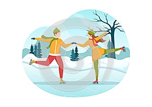 People Skating on Ice Rink Wearing Winter Clothes for Outdoor Activity or Sports Recreation in Cartoon Hand Drawn Illustration