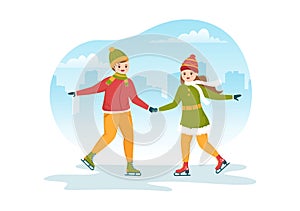 People Skating on Ice Rink Wearing Winter Clothes for Outdoor Activity or Sports Recreation in Cartoon Hand Drawn Illustration