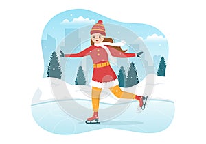 People Skating on Ice Rink Wearing Winter Clothes for Outdoor Activity or Sports Recreation in Cartoon Hand Drawn Illustration