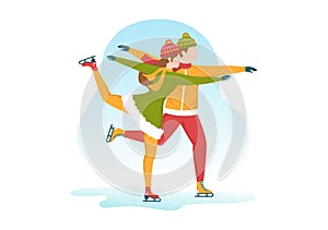 People Skating on Ice Rink Wearing Winter Clothes for Outdoor Activity or Sports Recreation in Cartoon Hand Drawn Illustration