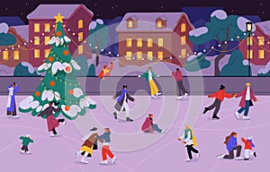 People skating on ice-rink on winter holiday. Happy active characters skaters outdoor in town, city with Christmas