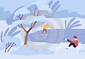 People skating on outdoor ice rink on cold winter day. Man and woman spending leisure time in nature in snowy freezing