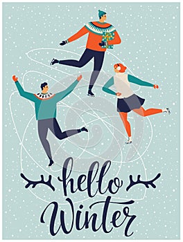 People are skating together. Hello winter. Vector illustration