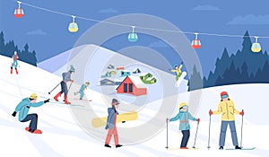 People on ski resort. Winter resting in mountains. Adults and children skiing and snowboarding. Outdoor seasonal sport