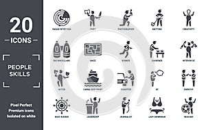 people.skills icon set. include creative elements as radar detection, creativity, gardener, chauffer, leadership, actor filled