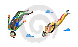 People skydiving in the sky set. Parachutists parachuting in free fall vector illustration