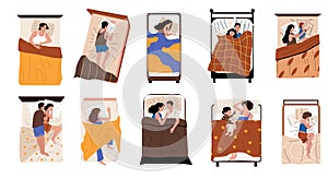 People sleeping in bed. Cartoon characters lying under blankets, dreaming and resting, various young and adult