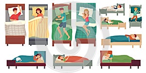 People sleeping in beds. Adult man in bed, asleep woman and young kids sleep vector illustration set photo