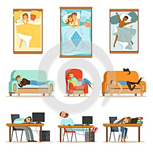 People Sleeping In Different Positions At Home And At Work, Tired Characters Getting To Sleep Set Of Illustrations
